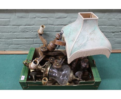 A large box of mixed wood and metal light fittings including a stone horse based table lamp