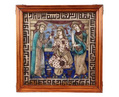 A 19th century Indo-Persian Qajar pottery tile depicting a princess and attendants, 20cms square, framed.