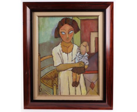 20th century school - portrait of a young girl holding a doll, oil on board, framed, 29 by 38cms.