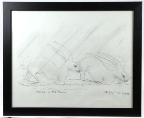 Sven Berlin (1911-1999) - Hares in the Rain - pencil sketch, signed & dated '93 lower right, 49 by 39cms, framed & glazed.