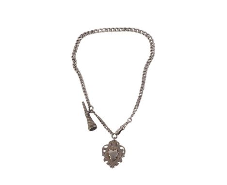 A silver Albert pocket watch chain with silver fob and agate set seal 'T' bar, 44g.