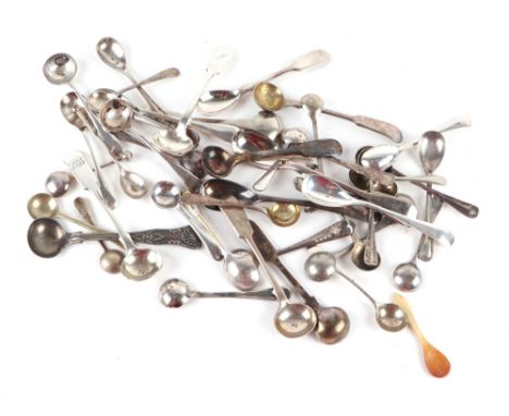 A quantity of silver and silver plated salt and mustard spoons, various dates and makers marks.