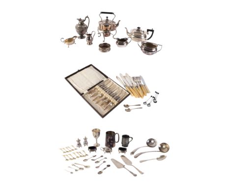 A quantity of silver plated items to include a kettle on stand, water jug, three-piece tea service, bottle coaster, flatware 