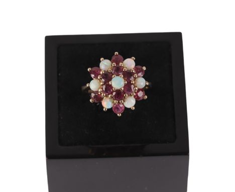 A 9ct gold ruby and opal cluster ring, approx UK size L, 3.2g.
