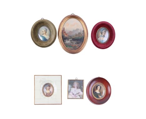 A group of 18th / 19th century style portrait miniatures on cellulose, mainly depicting young ladies, all framed & glazed (6)