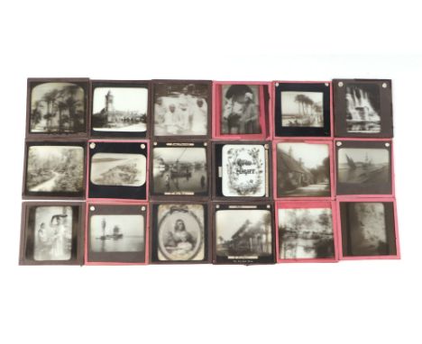 A quantity of Victorian magic lantern slides depicting world wide travel, shipping in the Suez Canal, Far Eastern and Near Ea