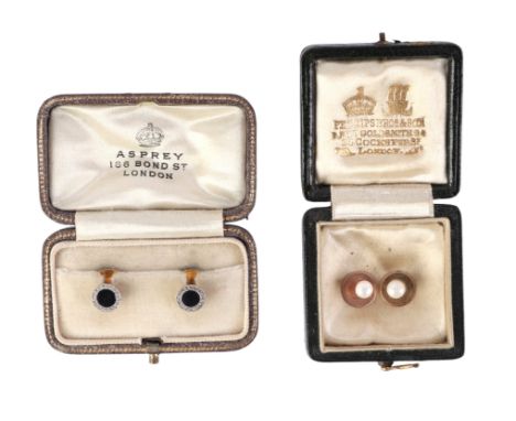 A pair of Asprey of Bond Street, London, 18ct gold diamond and onyx shirt studs, 3.7g, cased; together with a pair of yellow 