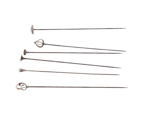 A group of six ladies silver hat pins to include Charles Horner examples.