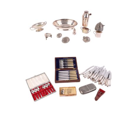 A quantity of assorted silver plated items to include an Elkington & Co. cocktail shaker; a beehive preserves pot; flatware a