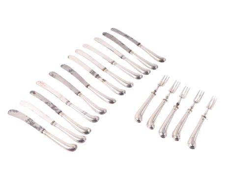 A set of twelve 19th century silver handled pistol grip fruit knives; together with five matching forks, marks indistinct (17