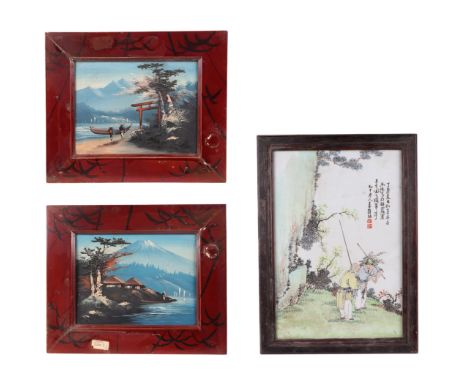A Chinese famille rose porcelain panel decorated with figures and calligraphy, 28 by 41cms; together with a pair of Japanese 