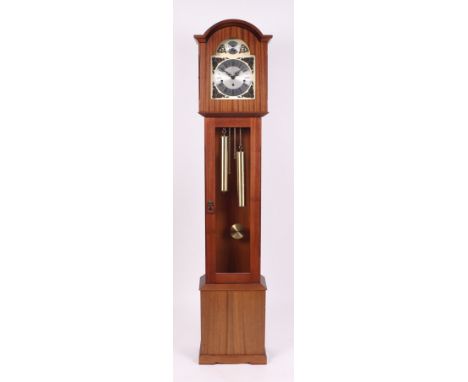 A modern longcase clock of small proportions, 148cm high a mantle clock together with a foot stool (3)