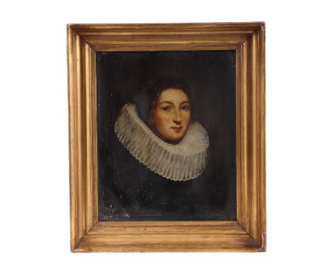 19th century school - a portrait of a young lady wearing a large white ruff, oil on panel, 19 by 23cms, framed & glazed.Condi