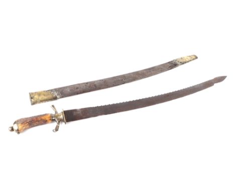 A German hunting sword with curved saw edge steel blade, antler handle and brass guard and pommel, in a leather scabbard with