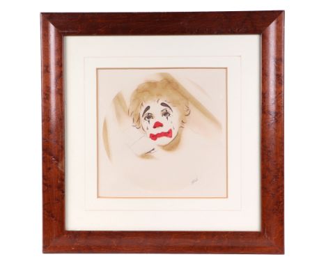 British school - a portrait of a sad clown, watercolour, indistinctly signed lower right, 24 by 24cms, framed & glazed.