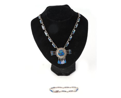 A Mexican 950 silver necklace and pendant with blue opal inlay; together with a matching bracelet, 50g (2).