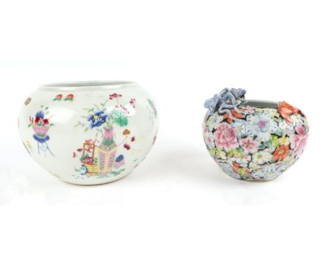 A Chinese famille rose brush washer decorated with precious objects, six character blue mark to the underside, 16cms diameter