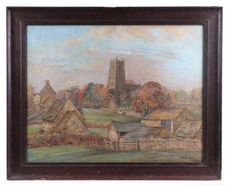 W K Hudson (early 20th century British) - Village Scene with Central Church - signed lower right, gouache, framed & glazed, 5