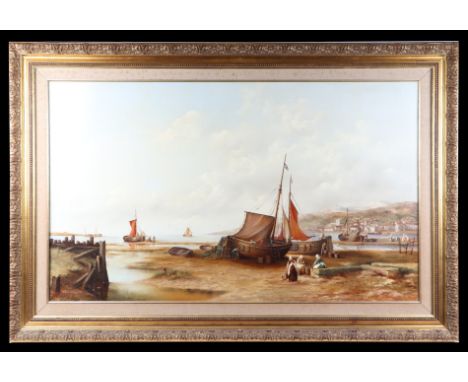 K Douglas - a 19th century style Dutch Harbour Scene with moored boats and ladies repairing baskets in the foreground, oil on