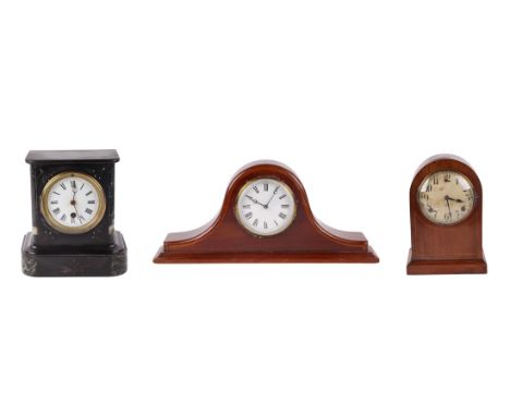 A Victorian black slate mantle clock, the white dial with Roman numerals, 19cms wide; together with two other mantle clocks (