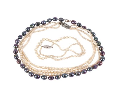 Two graduated cultured pearl necklaces with silver clasps; together with a hardstone necklace (3).