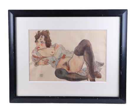 After Egon Schiele (Austrian fl 1890-1918) - Study of a Reclining Nude - dated 1918 lower left, coloured lithograph, 43 by 29