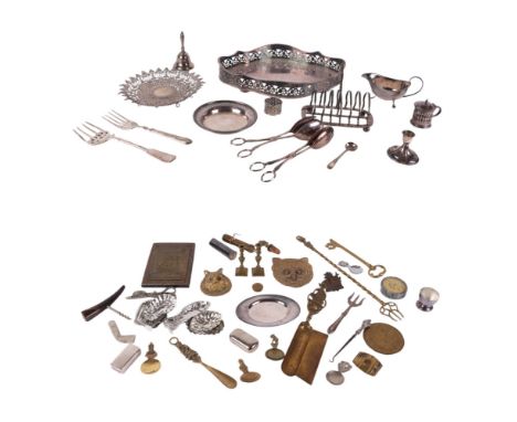 A quantity of assorted silver plated items to include a galleried tray, 36cms wide; a six-division toast rack; cruet items; f
