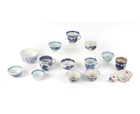 A group of Chinese blue & white tea bowls and tea cups; together with an 18th century Worcester tea bowl (a/f).Condition Repo