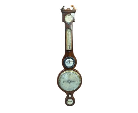 A Victorian wheel barometer thermometer, level, dry / damp dial and witches mirror, in a mahogany case, 95cms high (a/f).