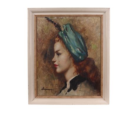 Early 20th century school, portrait of a young lady wearing a green hat, indistinctly signed lower left corner, oil on canvas