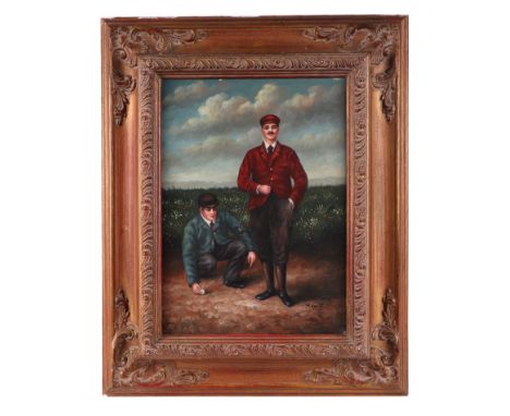 M Smith (Scottish school) - A Golfer in Plus Fours and his Caddy - oil on board, signed lower right, 28 by 38cms.
