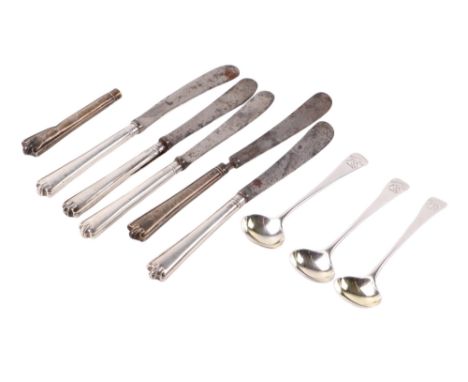 A set of three Victorian silver mustard spoons, crested, London 1841, 40g; together with a set of five silver handled Victori