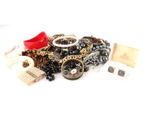 A quantity of assorted costume jewellery to include a pair of MG silver gentleman's cufflinks, bangles, bracelets, necklaces 