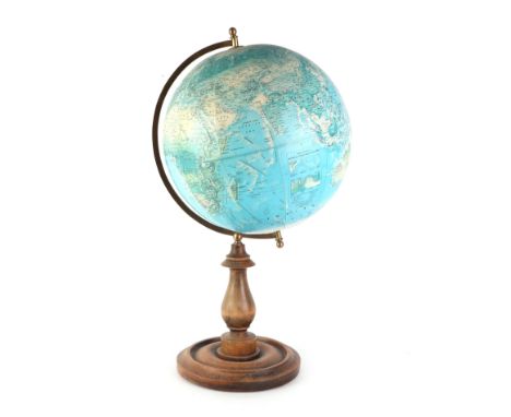 A Rand McNally World Portrait Globe terrestrial globe on a turned wooden base, approx 53cms high.