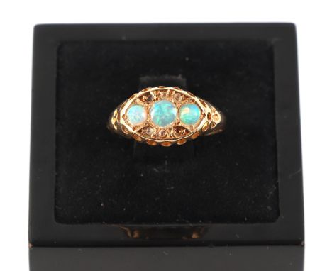A Victorian 18ct gold and opal three-stone panel ring, approx UK size H, 1.6g.