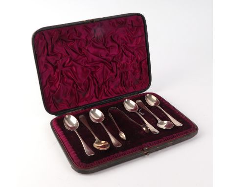 A set of six Victorian silver rat tail teaspoons with matching nips, London 1888, 97g, cased.