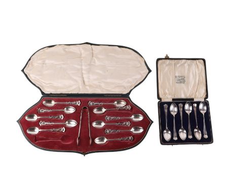 A cased set of Art Nouveau silver teaspoons and sugar tongs, London 1901 (missing one spoon); together with a cased set of si
