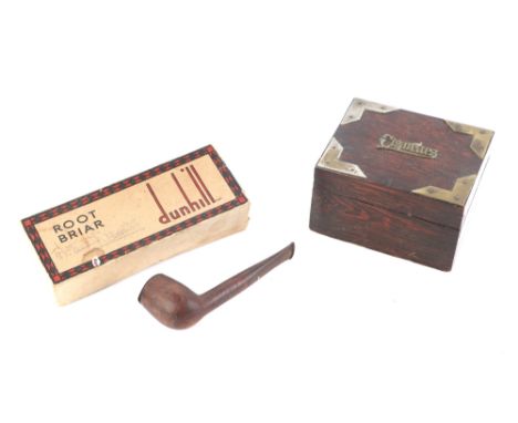 Smoking interest:  A vintage Dunhill root briar pipe, boxed; together with an oak table top cigarette box, 12cms wide (2).Con