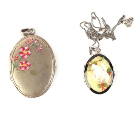 An Edwardian fine quality silver and enamel photograph locket decorated with a rose, 3cms wide; together with another larger 