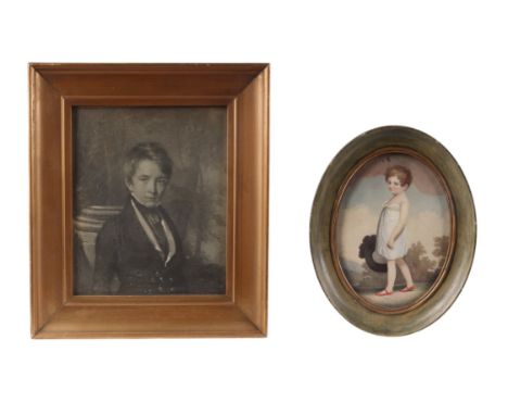 A print depicting a young 19th century gentleman wearing a frock coat and cravat, 20 by 24cms, an oval portrait of a young bo