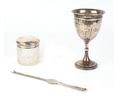 A silver goblet with ribbed bowl, Birmingham 1932; together with a silver lobster pick, Sheffield 1901; and a glass cosmetics