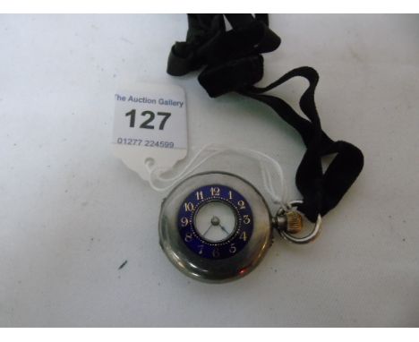 Antique ladies silver fob watch with blue enamel front