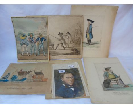 Collection of unframed prints, oils and watercolours