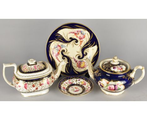 A Collection of 19th Century Floral Decorated and Cobalt Blue Inset Ceramics to Comprise C.1810-1815 John Rose Teapot with Fl