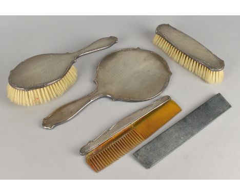 A George V Silver Four Piece Dressing Table Set by Adie Brothers Ltd to Comprise Hand Mirror, Clothes Brush, Hair Brush and a