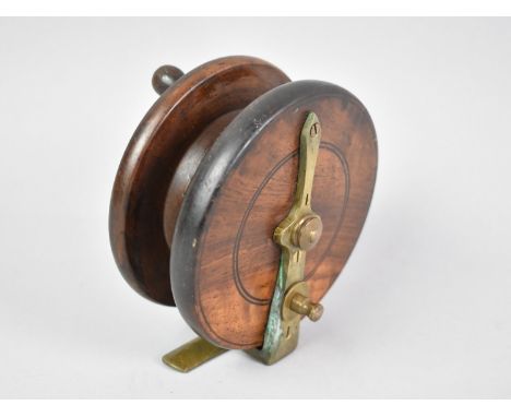 A Vintage Brass Mounted Wooden Fishing Reel, 11.5cms Diameter