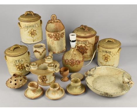 A Collection of Welsh Black Mountain Pottery to Comprise Storage Jars, Lamp Base, Egg Cups etc