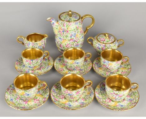 A John Maddock &amp; Sons Chintz Coffee Set for Six with Gilded Bowls and Trim to Comprise Cups, Saucers, Milk Jug, Lidded Su