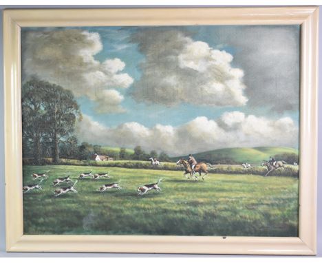 A Large Mid Century Framed Oil on Board, Hunting Scene with Huntsman and Hounds, Subject 92x62cm