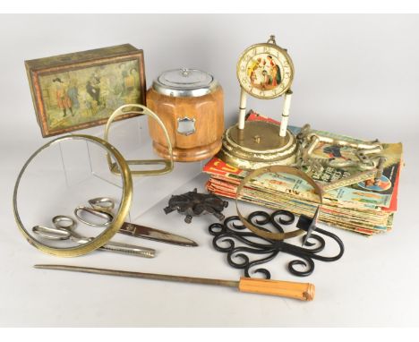 A Collection of Various Vintage Sundries to Comprise Pillar Clock Base with Painted Face (For Spares), Oak Biscuit Barrel, Lo